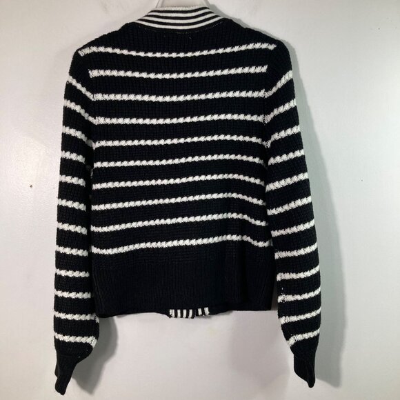 Womens Cato Striped V Neck Bow Button Cardigan S Acrylic Black White - Picture 2 of 9
